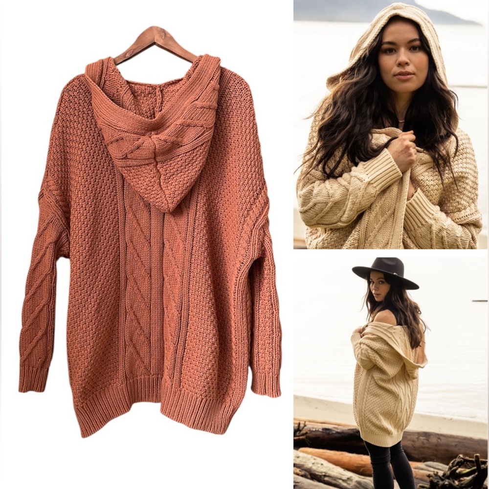 Jackson Rowe Cable Knit Cardigan Chunky Cotton Open Hoodie Fisherman Oversize